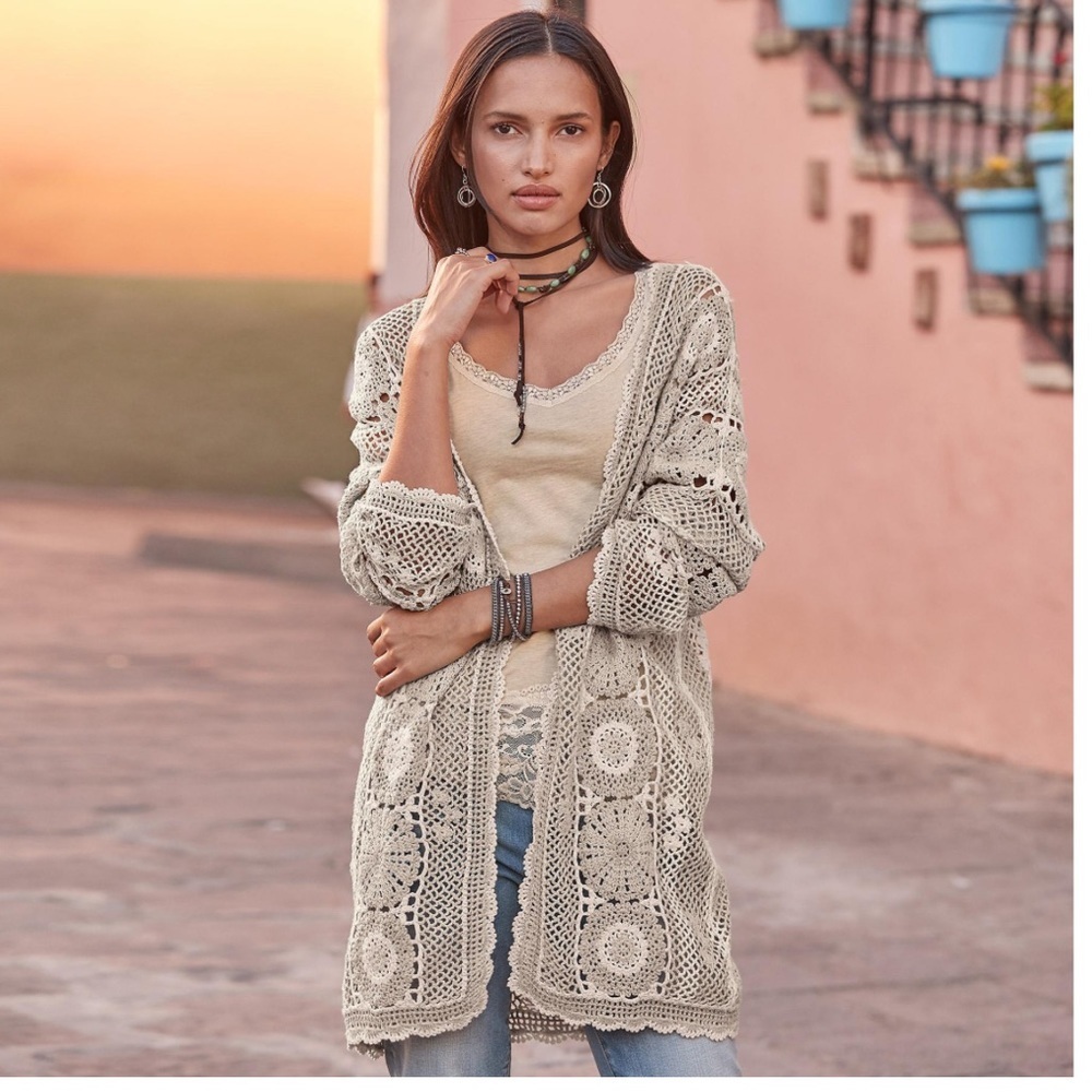 Sundance Crochet Openwork Long Cardigan in Cream